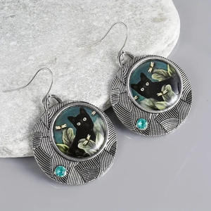 Vintage Black <b>Cat</b> Drop Earrings Antique Silver Plated With Turquoise Bezel Setting Women's Fashion Jewelry <b>Gift</b> - Product Image 4