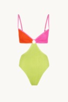 Fabricant de maillots de bain personnalisés, maillot de bain une pièce éco-responsable à trois couleurs, avec détail anneau découpé, maillot de bain pour femmes
