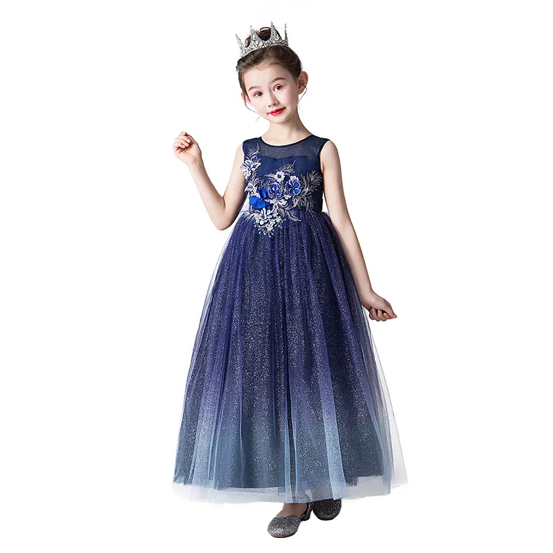 低MOQキッズウェディングドレス子供服12歳子供用ブライドメイドドレスCK2974サマーブルーノースリーブフラワー2個