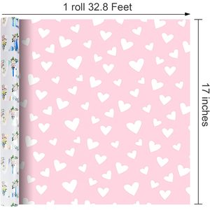 Love Floral Wrapping Paper Roll Double Side Reversible Pink Heart Design Gift Wrap For Wedding Bridal Shower Valentine's Day - Product Image 3