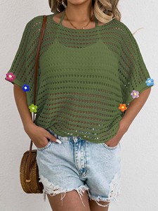 Blusa holgada asimétrica de manga de murciélago calada de punto a máquina para mujer con apliques de ganchillo a mano Casual al por mayor a granel - Product Image 6