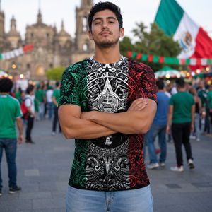 Camiseta deportiva personalizada de manga corta con estampado 3D completo del escudo de México con gráfico del águila y patrón tribal azteca para <span class=keywords><strong>hombre</strong></span> - Product Image 4