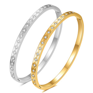 Stainless Steel Open <b>Bangle</b> 4Mm Oval Diamond <b>Set</b> Geometric Design Unisex Jewelry Gift Fashion Bracelet - Product Image 1
