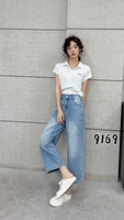 Pantalon en jean court taille haute élastique pour femme grande taille, coupe droite, jambe large, écologique et inaltérable – Vente en gros