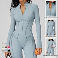 Combinaison de sport une pièce à manches longues pour femme avec fermeture éclair frontale – Tenue de yoga et de sport – Combinaison de yoga et body de yoga