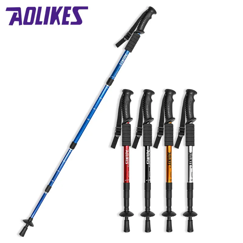 Mountaineering cane made of aluminum alloy with straight handle  ultra light and extendable outdoor tourism hiking cane