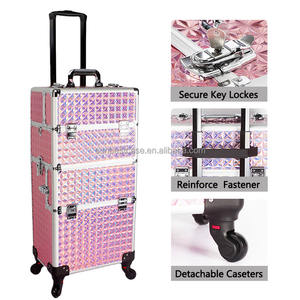 Rolling <strong>Makeup</strong> Train <strong>Case</strong> <strong>on</strong> <strong>Wheels</strong> Large Cosmetic Organizer Travel Cart for Hairstylist Artist Nail Beauty Salon Barber - Product Image 2