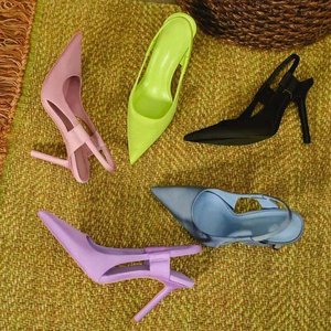 Sandales élégantes pour femmes à talons hauts, en tissu élastique, à bout pointu, couleur unie, ajourées, style tempérament - Product Image 2