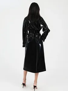 Manteau trench en cuir verni brillant à col rabattu avec ceinture pour <span class=keywords><strong>femme</strong></span>, style gothique, en similicuir PU, manches longues, sur mesure pour l'hiver - Product Image 3