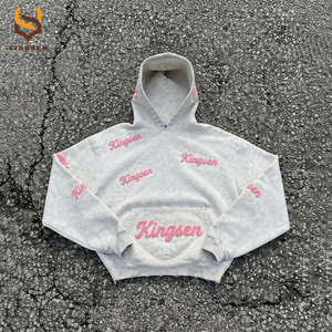 Custom Street Wear Sweatsuit Cut Sew Applique Distressed <b>Towel</b> Embroidery Patch Cropped Hoodie and Sweatpants Set Tracksuits - Product Image 3