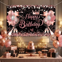 Bannière de fête suspendue en polyester portable, personnalisée, avec impression numérique, thème anniversaire, ballons or rose, couronne et paillettes, pour la vente en gros