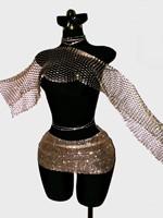 Ensemble de tenue en maille ornée de strass pour femmes, haut court et mini-jupe pour festival de musique, soirée rave, tenue de club