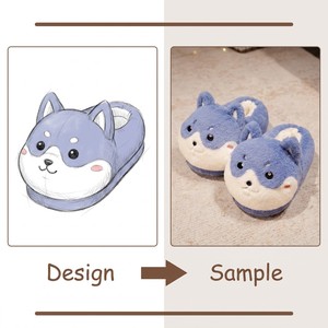 Pantoufles en peluche <span class=keywords><strong>chien</strong></span> Shiba bleu, motif chiot de dessin animé, à bout fermé, doublure chaude et moelleuse, antidérapantes, <span class=keywords><strong>pour</strong></span> l'intérieur - Product Image 2