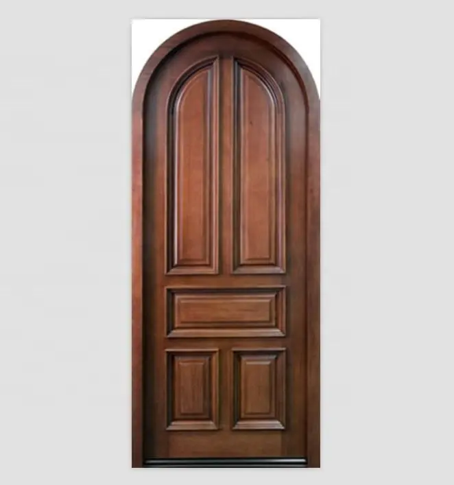 Puertas de madera de nogal redondas para interiores, puertas de dormitorio de lujo con mango y cerradura, 5 paneles