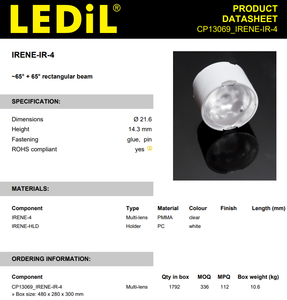 LEDils CP13069_IRENE-IR-4 IR Lens 21.6mm 65x65° Rectangular Beam 92% Efficiency for 3535 IR LED CCTV Security Camera - Product Image 2