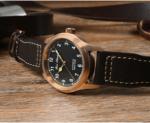 Reloj de hombre de bronce CuSn8 de cuero vintage, reloj mecánico de piloto automático con logotipo personalizado - Product Image 6