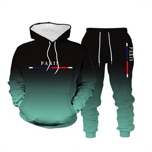 Ensemble de survêtement unisexe à capuche avec imprimé dégradé bleu effet gouttelettes, manches longues et pantalon à cordon, style streetwear, coupe adulte pour l'automne - Product Image 2