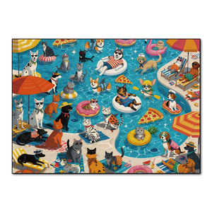 Rompecabezas de animales divertidos de verano con gatos y perros, para fiestas de mascotas junto a la piscina, con pista de letras oculta en la parte posterior, para adultos, decoración de pared para el hogar - Product Image 1