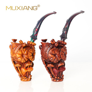 Muxiang Wood Carved Tobacco Pipe Bent Shape Handmade Smoking Pipe With Colorful Stem For Men - Product Image 2