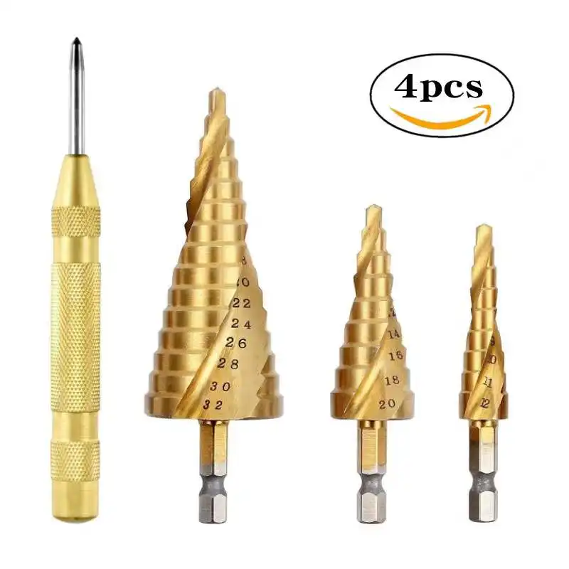 Hot Sale SOLUDE professional Custom size 4PCS Titanium Step Drill Bits HSS Power Tools HSS Wood Metal Drilling