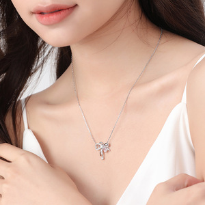 Bowknot Necklace Pink Diamond Pendant Clavicle Chain Jewelry Gift For Women Bezel Setting Fashion Accessory - Product Image 4