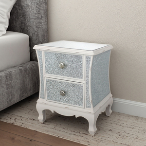Cute Distressed White Nightstand 2 Drawers Crushed Diamond End <strong>Table</strong> Crackled Glass New Design Bedroom Side <strong>Table</strong> White Trims - Product Image 4