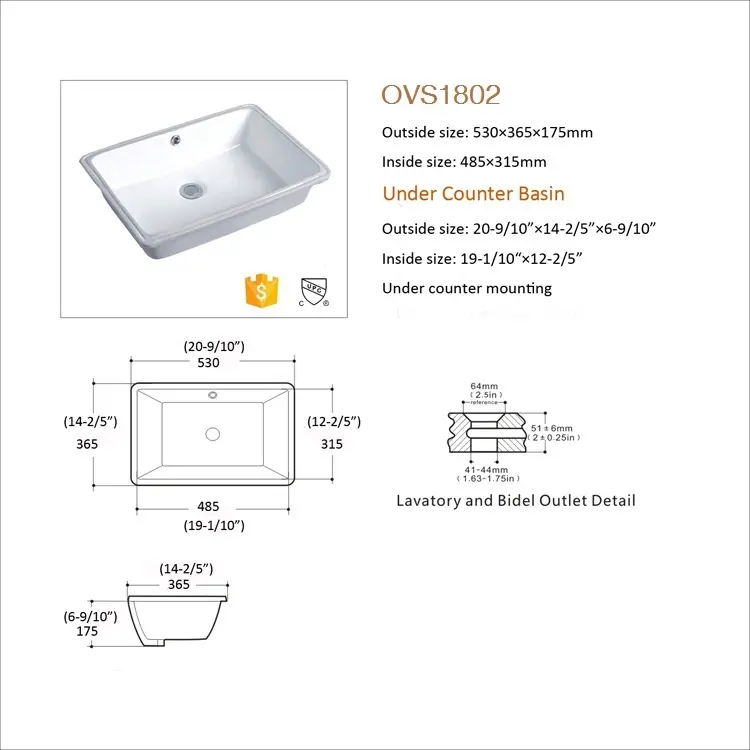 OVS cUPC nord America bagno classico lavabo lavabo lavabo rettangolare in ceramica sottotop