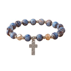 Braccialetto con Ciondolo a Croce di Diamanti, Gioiello Religioso Cristiano con Perline Colorate in Pietra Naturale, Elastico Unisex, Regalo - Product Image 5