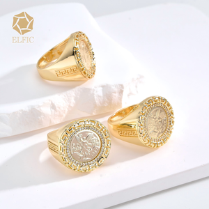 Elfic 도매 14K 골드 필드 지르콘 멕시코 50페소 참 스퀘어 코인 구리 남녀공용 밴드 반지 - Product Image 6