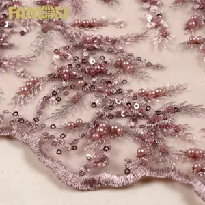 luxury machine beads embroidery tulle lace textile fabric with sequins and pearls for bridal dresses