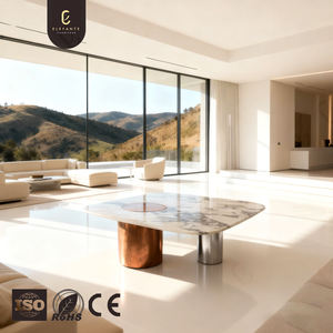 Meja Kopi Marmer Alami Mewah Kelas Atas Gaya Mewah untuk Kondominium Modern Elegan Putih Persegi Rendah dengan Kaki Kuningan - Product Image 1