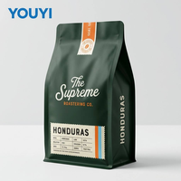 Sachet d'emballage de café personnalisé imprimé, recyclable et biodégradable, avec fermeture éclair, à fond plat, pour grains de café
