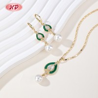 Ensemble de bijoux professionnel plaqué or 18 carats en laiton émaillé vert avec perle en forme de goutte pour femme, cadeau d'anniversaire, collier et boucles d'oreilles