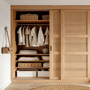 Série de meubles de chambre à coucher en bois brun clair/foncé, rotin naturel + bois massif, style rétro Nanyang, armoire, meilleur prix - Product Image 3