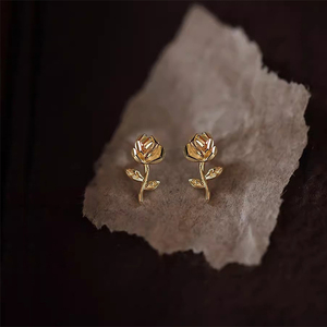 ROXI 925 Boucles d'oreilles en argent sterling en forme de branche de rose pour femmes, mini clous d'oreilles fleur romantiques S925 - Product Image 5