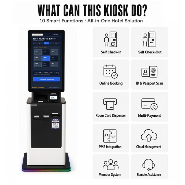 Interactive Hotel Self-Service Check-in Kiosk Passport Scanner RFID Key Card Dispenser Plug and Play PMS Integration