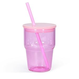 Fashion Pastel Pink Transparent Stack Glass <b>Cup</b> Reusable Straw Lid Glass Tumbler for Bar Cafe Use - Product Image 5
