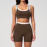 Kleurcontrast Nude Seamless Rib Yoga BH & High Waist Shorts Set, Workout Gym Fitness Activewear Outfit voor Dames