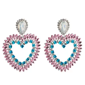 Yiwu Factory Directly Sell Stylish Hollow Design Multiple Colorful Crystal Rhinestone Inlaid Dangled Heart Pendant Earrings