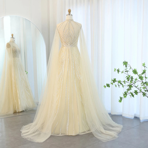 Robes de soirée et de bal SZ090, magnifiques, style Dubaï, col montant, plissées, longueur ras du sol, coupe trapèze, taille naturelle, ornées de plumes et de cristaux 3D - Product Image 2