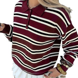 Retro Farbblock Gestreifter Polo-Strickpullover Damen Langarm Revers Strickoberteil - Product Image 5