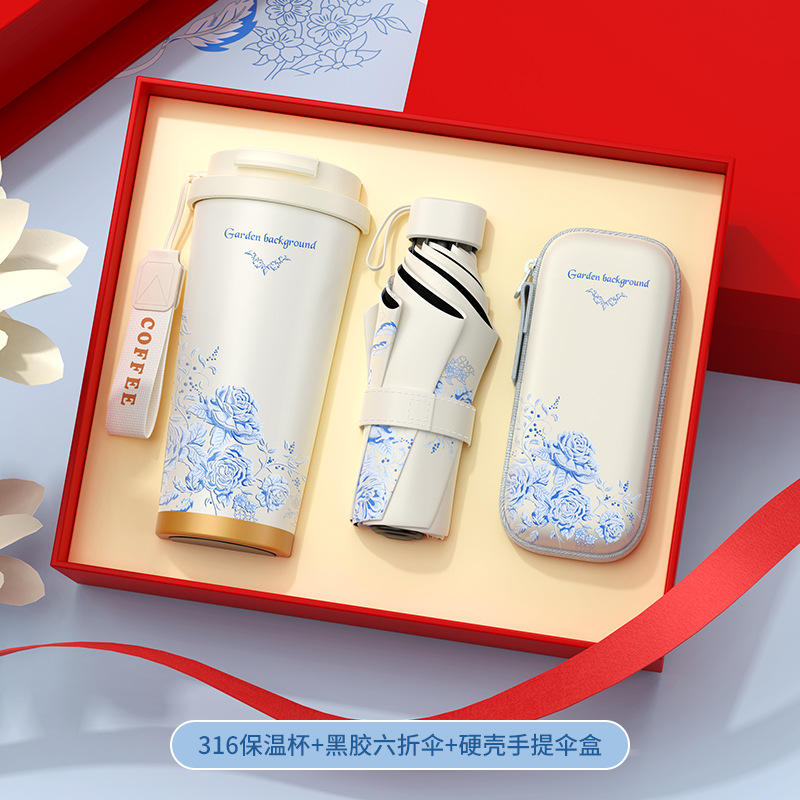 Ensemble cadeau trois pièces : Mug isotherme en acier inoxydable 316 Rose Bleue Élégante, Parapluie de pluie et Boîte à parapluie raffinée.