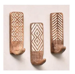 Set Van 3 Handdoek Haken Muur Mount Boho Decoratieve Muur Haken Houten Zelfklevende Haken