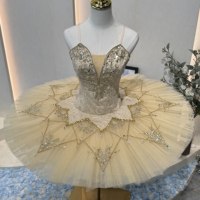 Gaun Tutu Balet Profesional Warna Emas untuk Anak Perempuan, Model Pancake Tutu untuk Pertunjukan & Kompetisi Swan Lake