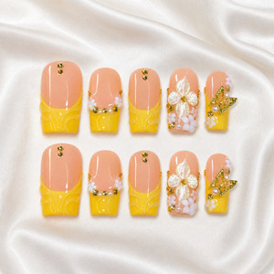 Designs d'ongles carrés faits à la main, 10 pièces, motif feuille orange, rayures, fleurs 3D, ensemble d'ongles carrés, extension d'ongles - Product Image 6