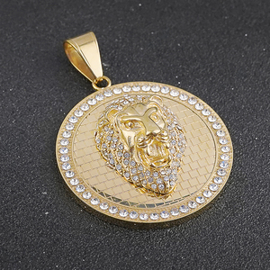 Collier pendentif médaillon lion en acier inoxydable pour homme, avec cristaux, style « Iced Out », colliers Lion Roi, personnalisable en usine - Product Image 2