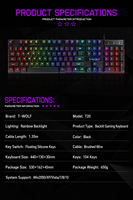 Clavier filaire T-Wolf T20 104 touches rétroéclairé coloré, disposition arabe, espagnole, russe, étanche, ergonomique pour PC Gamer