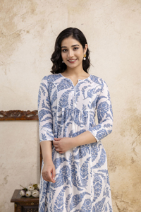 Women Cotton Cambric Round Neck V Slit Midi <b>Dress</b> Casual Summer <b>A</b>-<b>Line</b> Printed Midi <b>Dress</b> Breathable Comfortable Daily Wear - Product Image 4