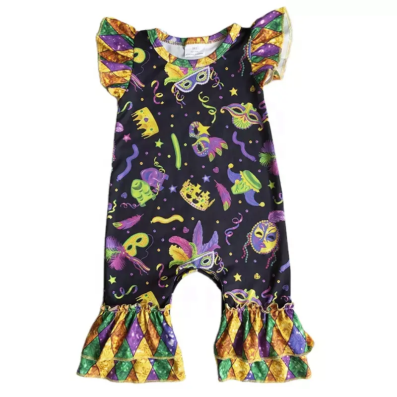 Wholesale RTS Baby Girls Happy Mardi Gras Wear Clothing Ruffle Pants Flying Sleeves Jumpsuit Kids Spring Romper Toddler Clothes