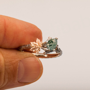 Bague de fiançailles vintage pour femme en argent 925, agate verte mousse, tendance avec brindilles et feuilles, plaqué rhodium pour mariages et fêtes - Product Image 3